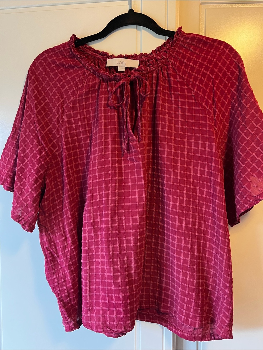 LOFT Magenta Plaid Tie-Neck Ruffle Blouse